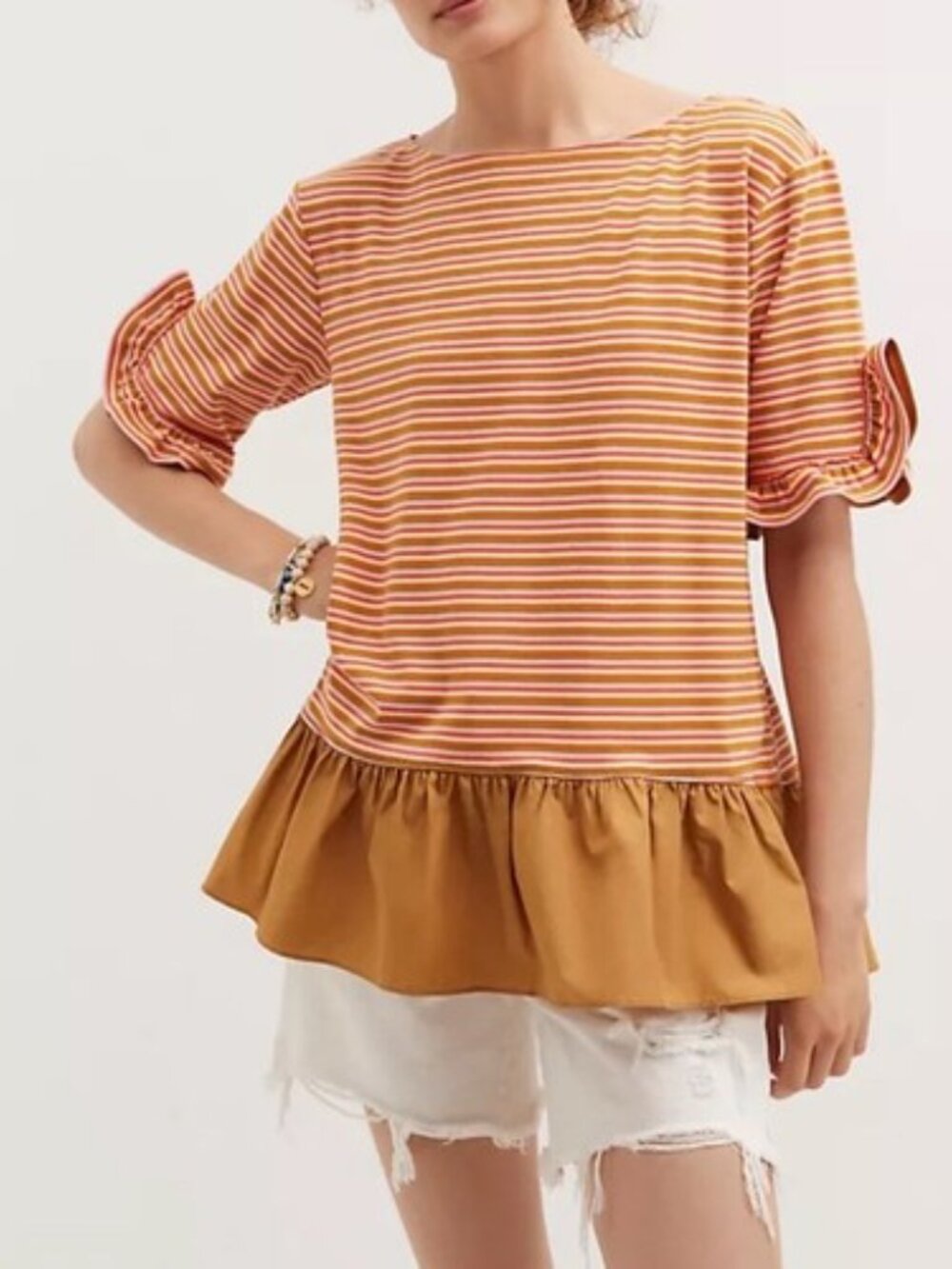 Maeve Anthropologie Striped Peplum Top Ruffle Hem Boho Tee Orange Pink Sz S